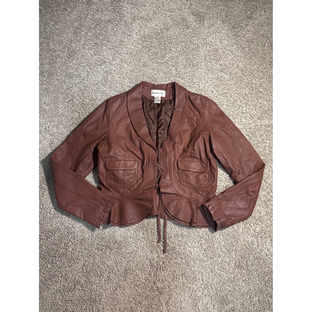 Y2K Newport News Brown Leather Peplum Jacket Cropped Shawl Collar Size 10